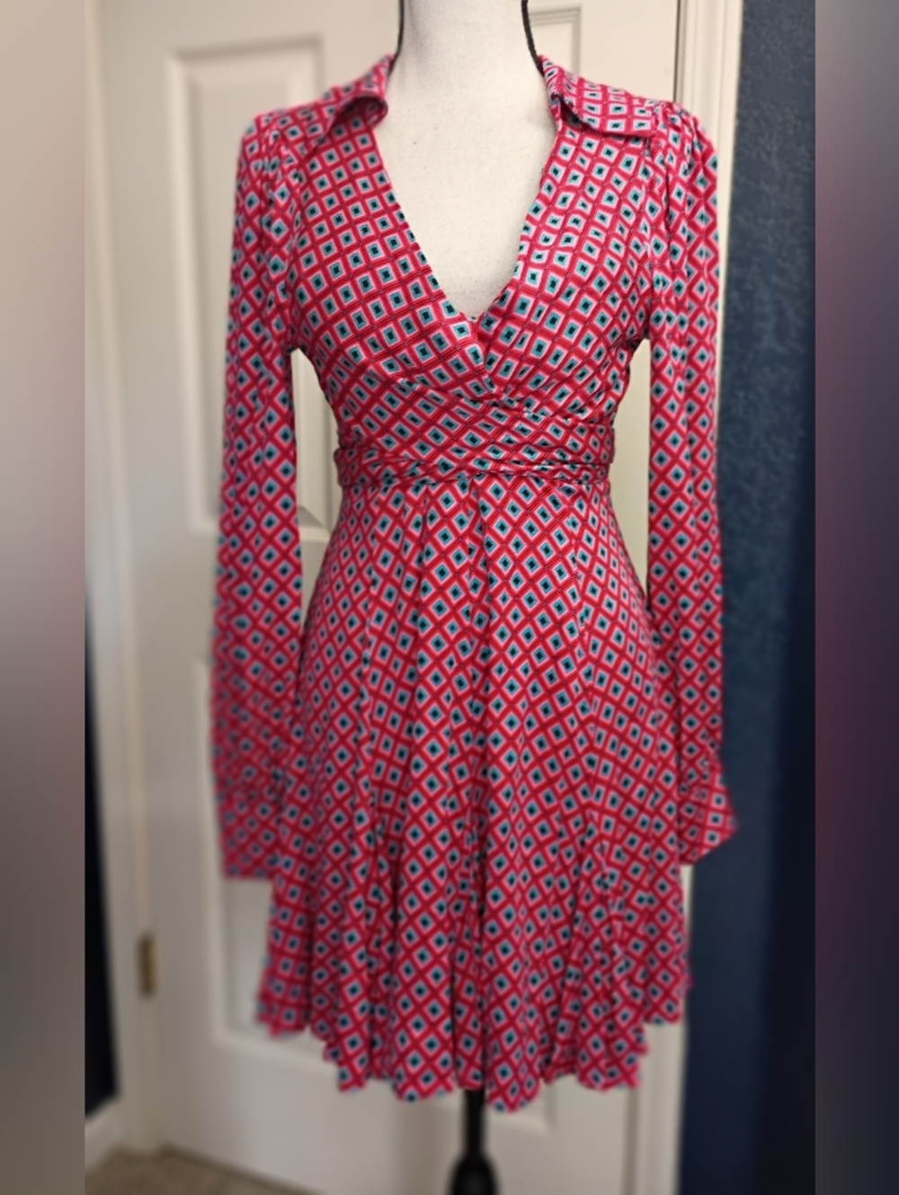 Free People Pink Geometric Long Sleeve Wrap Dress